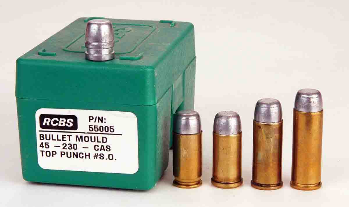 Mike gives RCBS mould 45-230-CM the Super Mould award also because of its versatility. Its 230-grain roundnose flatpoint bullets can be used in .45 ACP, .45 Auto-Rim, .45 S&W Schofield and .45 Colt.